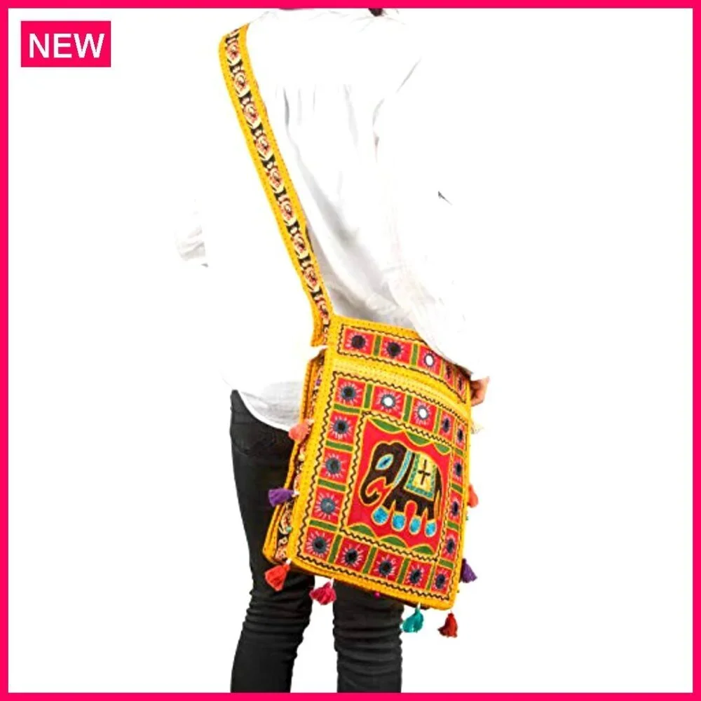 Large Canvas Hobo Crossbody Messenger Bag with Elephant Design